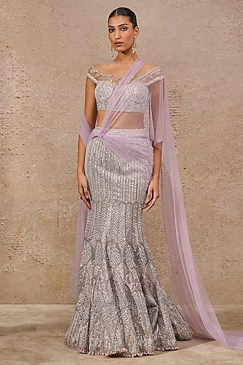 Silver Tulle Sequins Hand Embroidered Fishtail Skirt Set by Tarun Tahiliani
