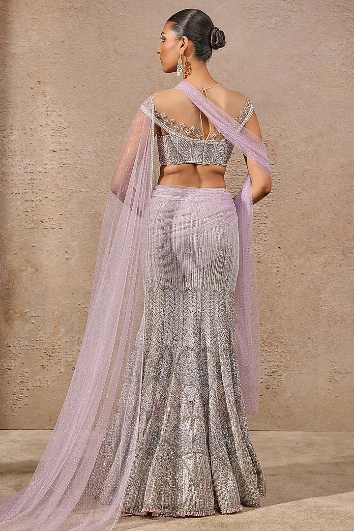 Silver Tulle Sequins Hand Embroidered Fishtail Skirt Set by Tarun Tahiliani at Pernia's Pop Up Shop