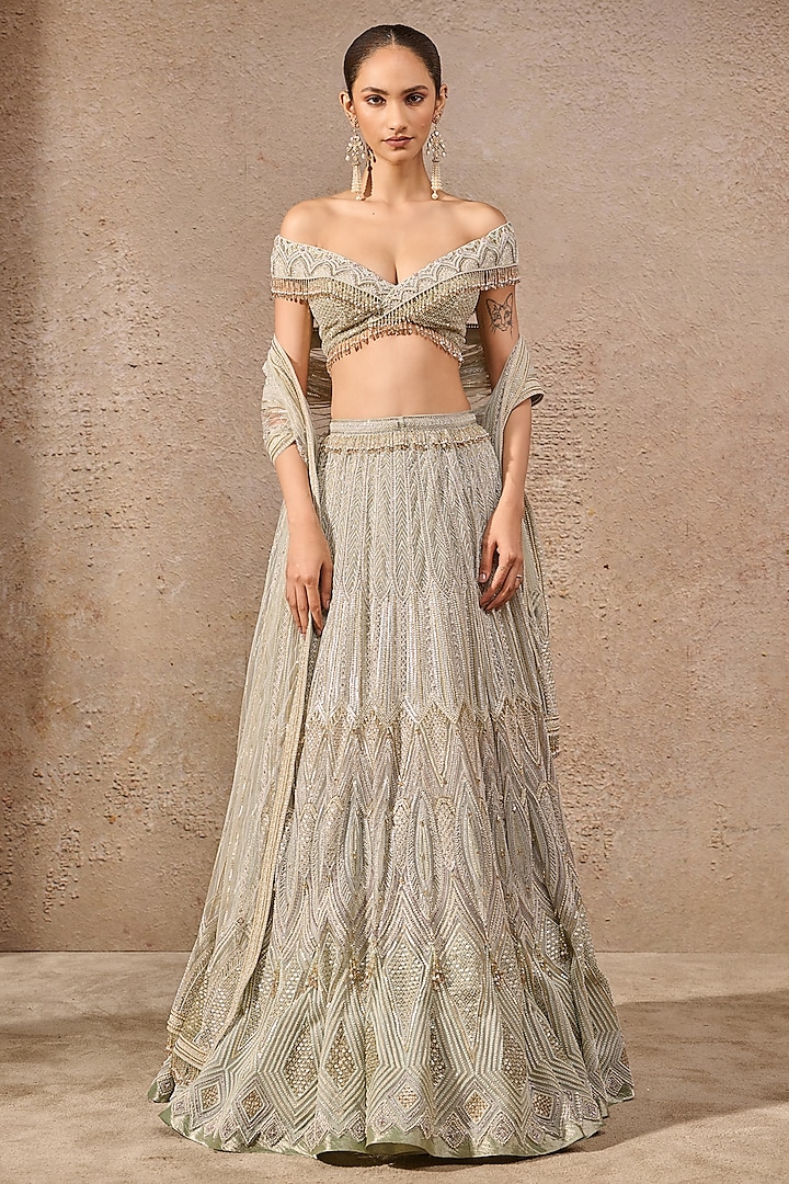 Aqua Tulle Hand Embroidered Bridal Lehenga Set by Tarun Tahiliani at Pernia's Pop Up Shop