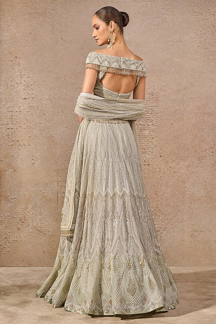 Aqua Tulle Hand Embroidered Bridal Lehenga Set by Tarun Tahiliani at Pernia's Pop Up Shop