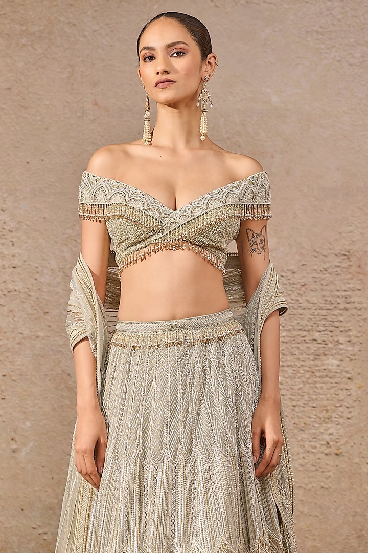 Aqua Tulle Hand Embroidered Bridal Lehenga Set by Tarun Tahiliani at Pernia's Pop Up Shop