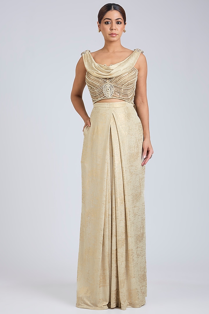 Ivory Foil Jersey Pleated Pant Set by Tarun Tahiliani at Pernia's Pop Up Shop