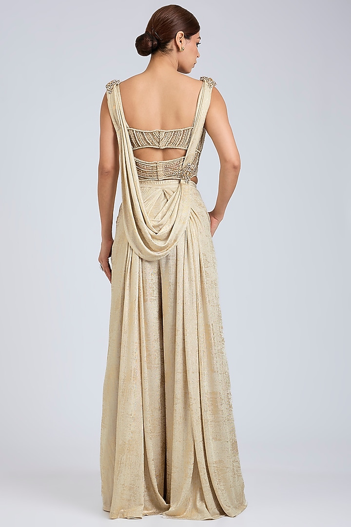 Ivory Foil Jersey Pleated Pant Set by Tarun Tahiliani at Pernia's Pop Up Shop