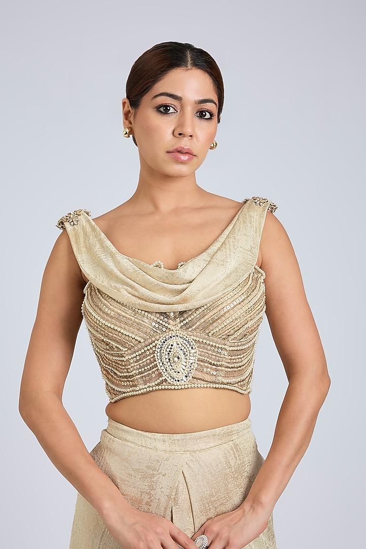 Ivory Foil Jersey Pleated Pant Set by Tarun Tahiliani at Pernia's Pop Up Shop