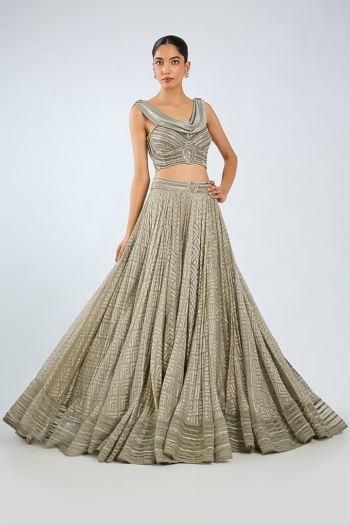 Jade Woven Textile Embroidered Bridal Lehenga Set by Tarun Tahiliani at Pernia's Pop Up Shop
