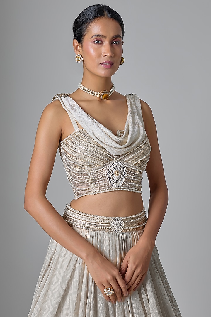 Ivory Handwoven Jacquard Bridal Lehenga Set by Tarun Tahiliani at Pernia's Pop Up Shop