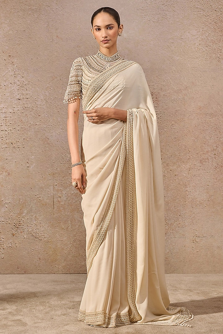 Ivory Georgette & Tulle Embroidered Bridal Saree Set by Tarun Tahiliani at Pernia's Pop Up Shop
