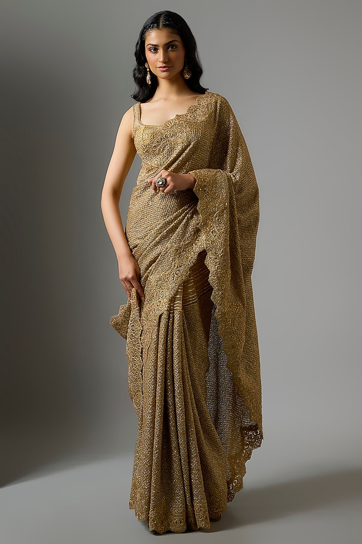 Gold Tulle Sequin Embellished Bridal Saree Set by Tarun Tahiliani at Pernia's Pop Up Shop