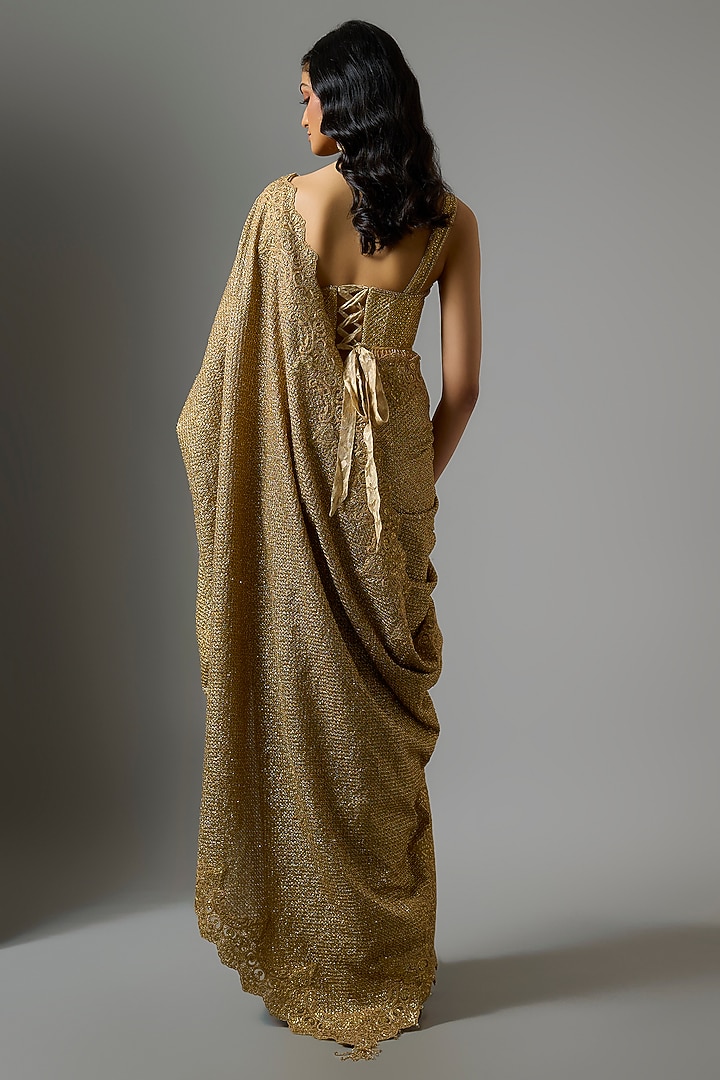 Gold Tulle Sequin Embellished Bridal Saree Set by Tarun Tahiliani at Pernia's Pop Up Shop