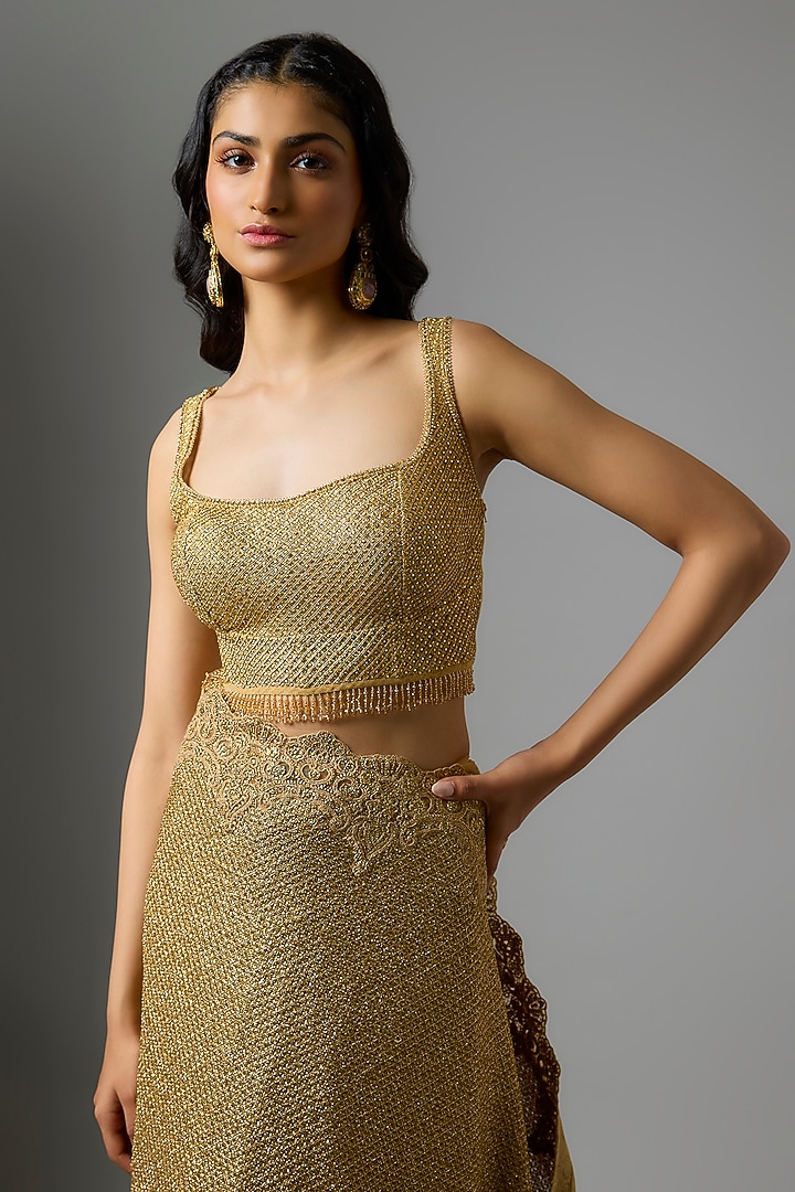 Gold Tulle Sequin Embellished Bridal Saree Set by Tarun Tahiliani at Pernia's Pop Up Shop