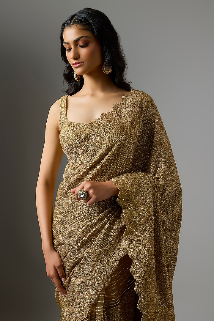 Gold Tulle Sequin Embellished Bridal Saree Set by Tarun Tahiliani at Pernia's Pop Up Shop