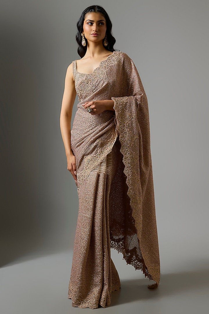 Rose Gold Tulle Bridal Saree Set by Tarun Tahiliani at Pernia's Pop Up Shop