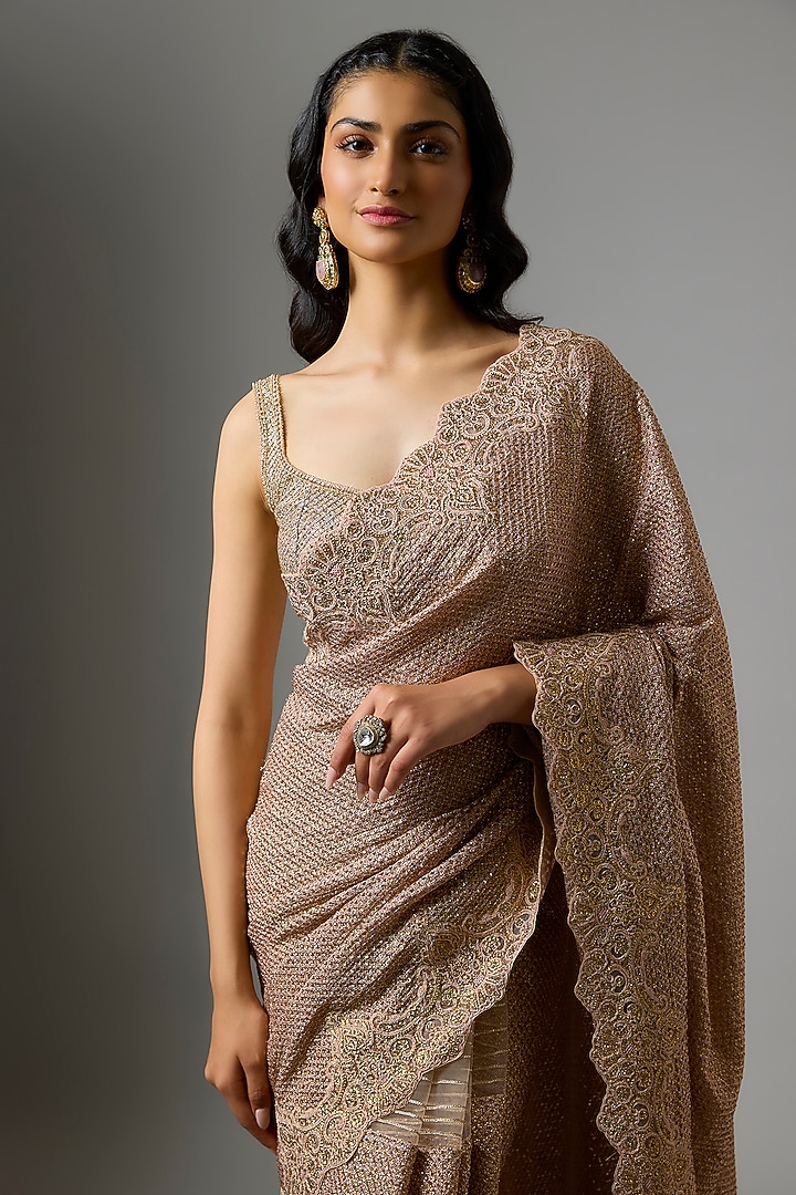 Rose Gold Tulle Bridal Saree Set by Tarun Tahiliani at Pernia's Pop Up Shop