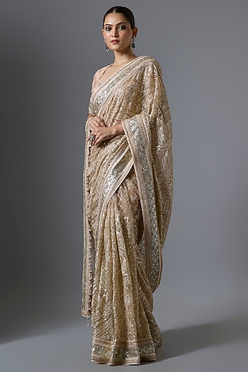 Blush-Colored Tulle Zari Embroidered Saree Set by Tarun Tahiliani