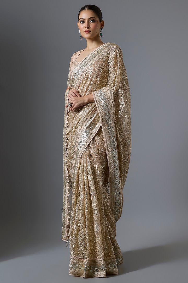 Blush-Colored Tulle Zari Embroidered Bridal Saree Set by Tarun Tahiliani at Pernia's Pop Up Shop