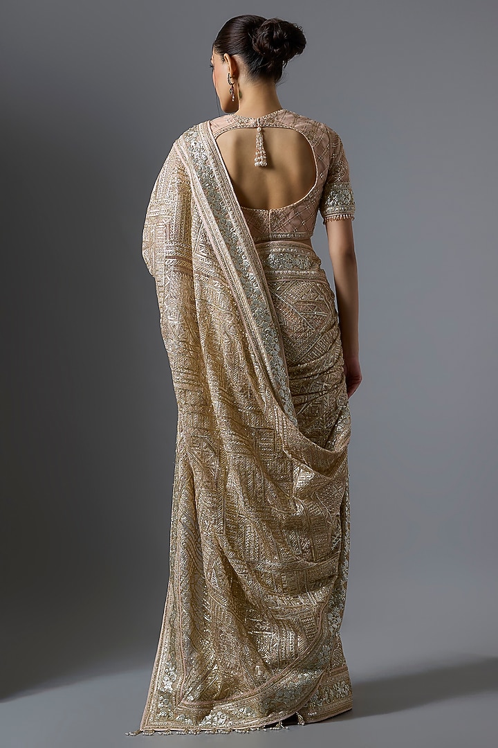 Blush-Colored Tulle Zari Embroidered Bridal Saree Set by Tarun Tahiliani at Pernia's Pop Up Shop