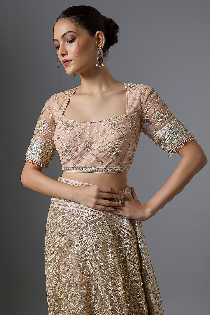 Blush-Colored Tulle Zari Embroidered Bridal Saree Set by Tarun Tahiliani at Pernia's Pop Up Shop