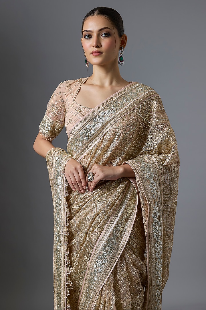 Blush-Colored Tulle Zari Embroidered Bridal Saree Set by Tarun Tahiliani at Pernia's Pop Up Shop