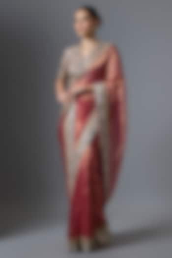 Red Silk Tissue Hand Embroidered Bridal Saree Set by Tarun Tahiliani at Pernia's Pop Up Shop