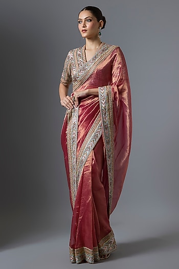 Red Silk Tissue Hand Embroidered Saree Set by Tarun Tahiliani