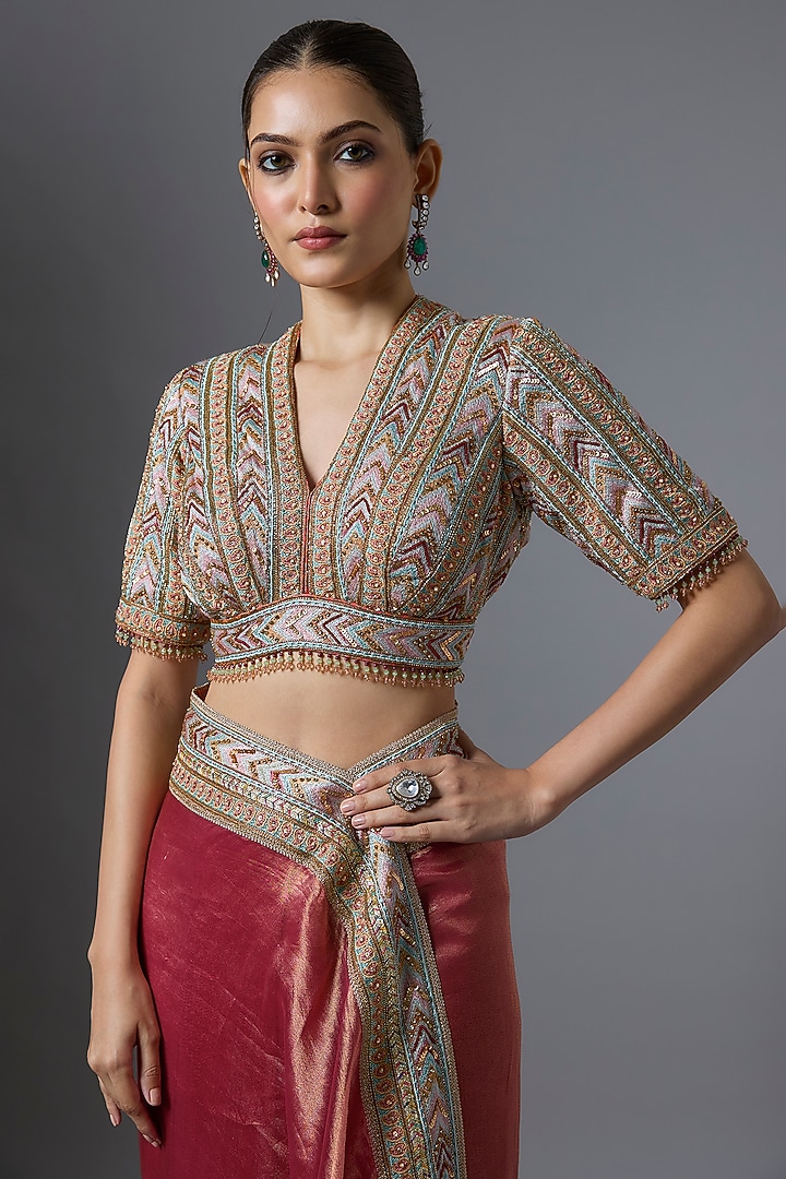 Red Silk Tissue Hand Embroidered Bridal Saree Set by Tarun Tahiliani at Pernia's Pop Up Shop