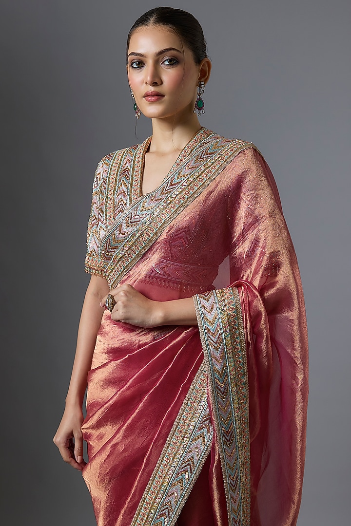 Red Silk Tissue Hand Embroidered Bridal Saree Set by Tarun Tahiliani at Pernia's Pop Up Shop