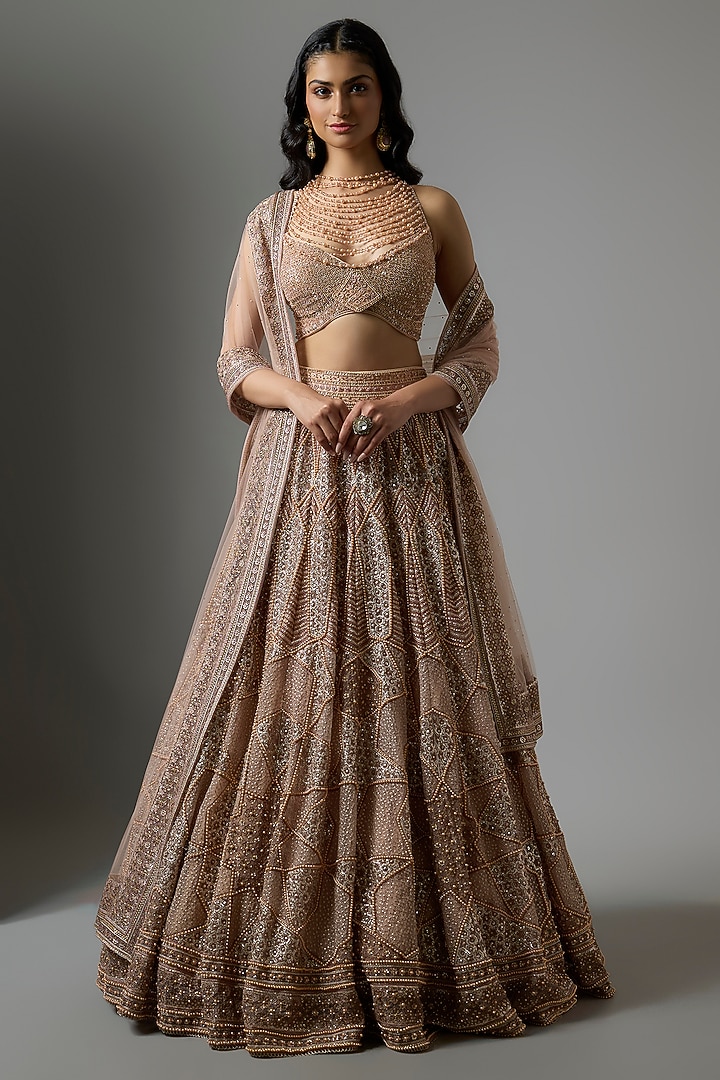 Blush Tulle Sequins Embroidered Bridal Lehenga Set by Tarun Tahiliani at Pernia's Pop Up Shop