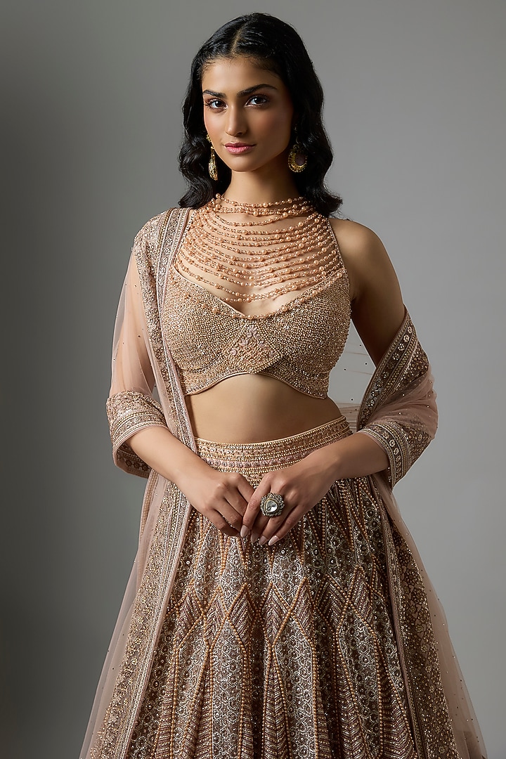 Blush Tulle Sequins Embroidered Bridal Lehenga Set by Tarun Tahiliani at Pernia's Pop Up Shop