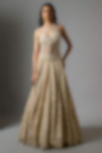 Ivory Tulle Sequins Embroidered Flared Bridal Lehenga Set by Tarun Tahiliani at Pernia's Pop Up Shop