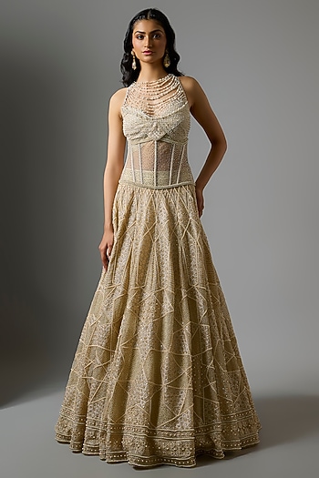 Ivory Tulle Sequins Embroidered Flared Lehenga Set by Tarun Tahiliani