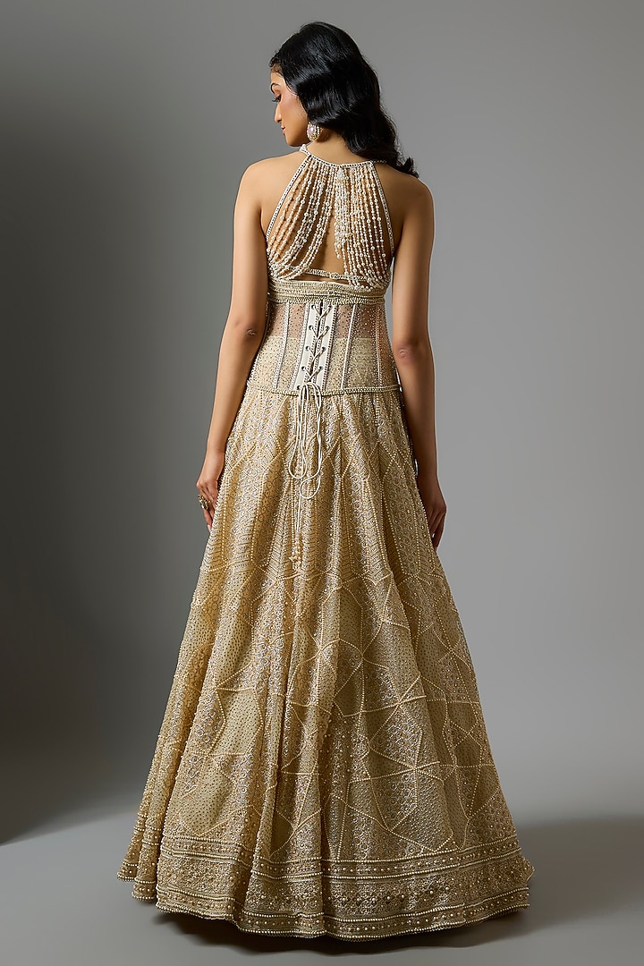 Ivory Tulle Sequins Embroidered Flared Bridal Lehenga Set by Tarun Tahiliani at Pernia's Pop Up Shop