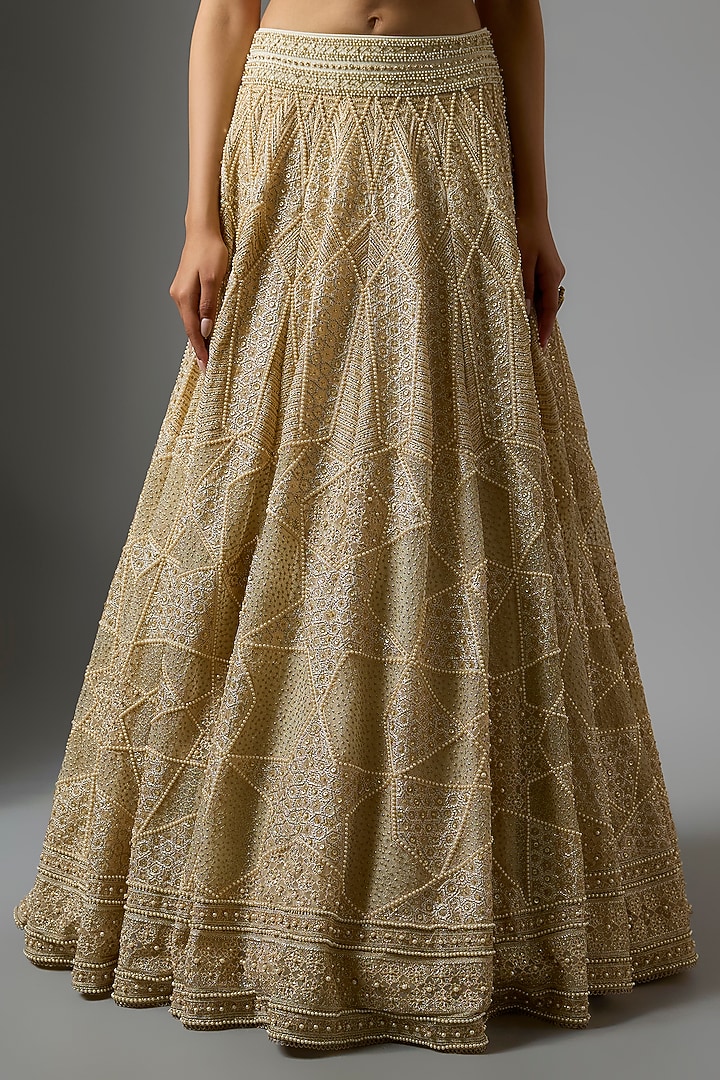 Ivory Tulle Sequins Embroidered Flared Bridal Lehenga Set by Tarun Tahiliani at Pernia's Pop Up Shop