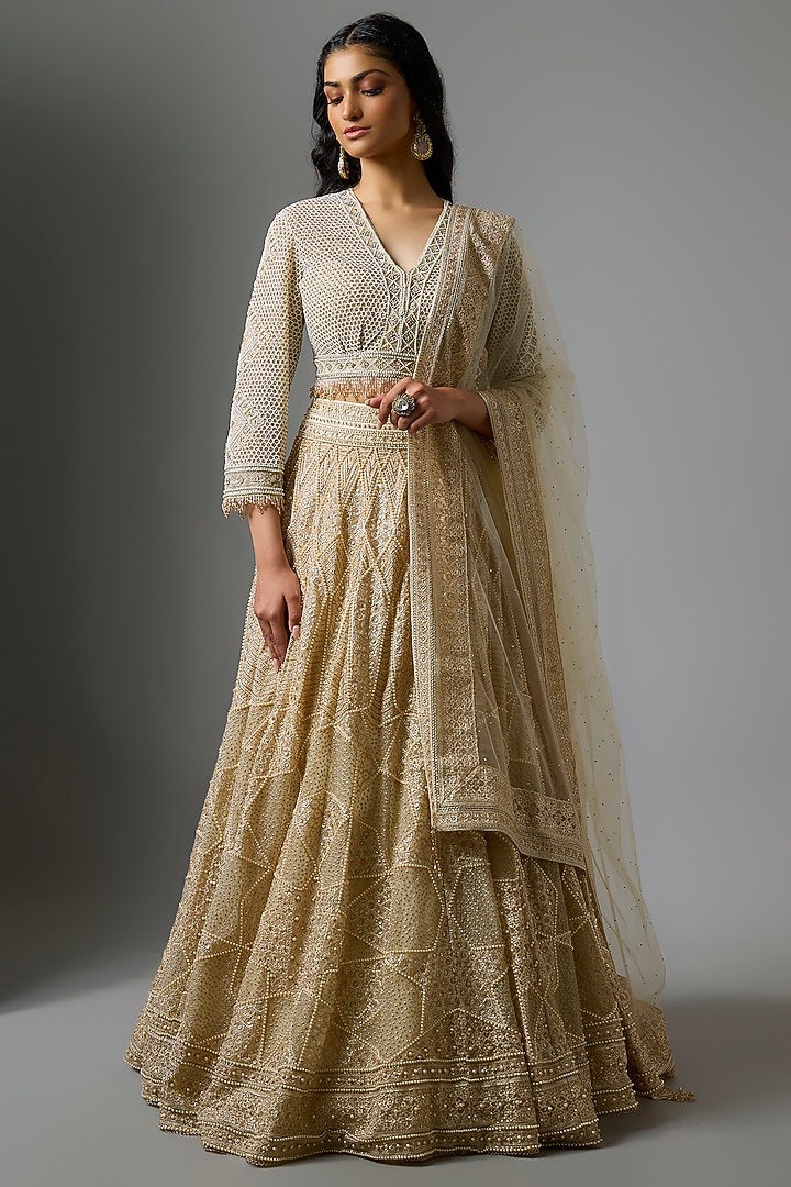 Ivory Tulle Pearl & Sequins Embroidered Flared Bridal Lehenga Set by Tarun Tahiliani at Pernia's Pop Up Shop
