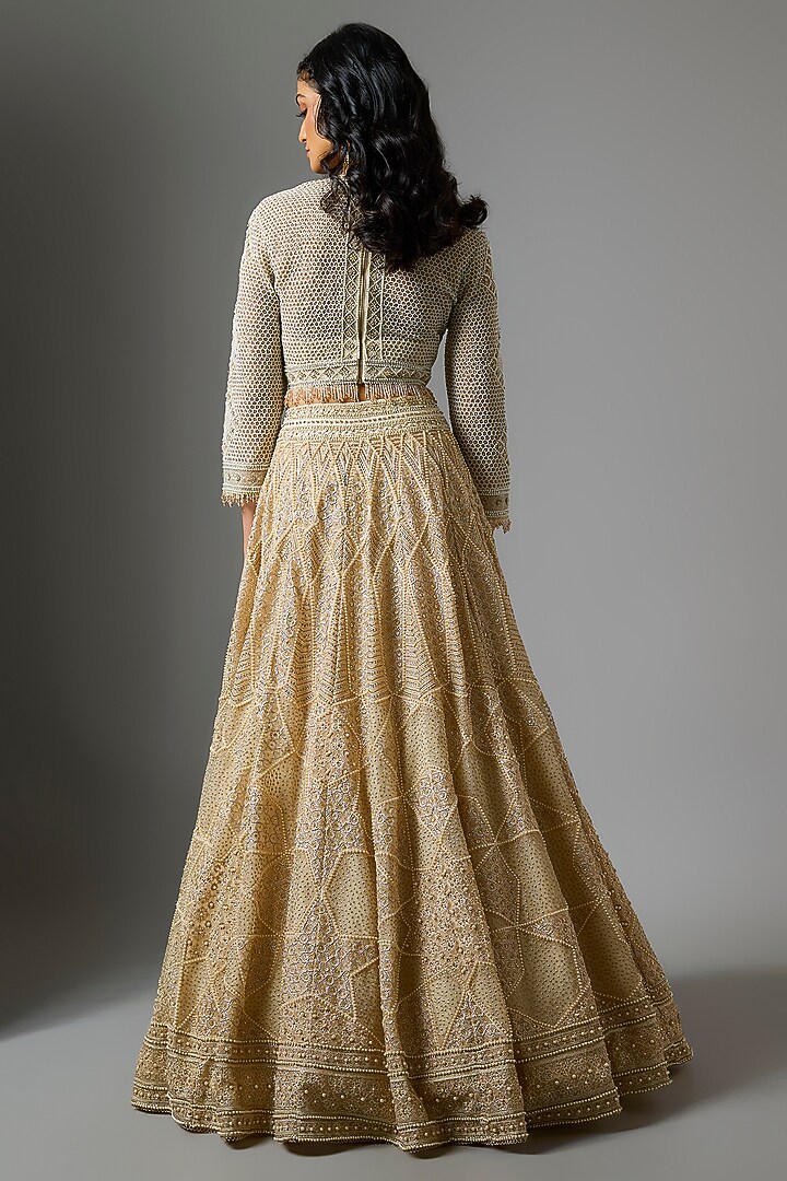 Ivory Tulle Pearl & Sequins Embroidered Flared Bridal Lehenga Set by Tarun Tahiliani at Pernia's Pop Up Shop
