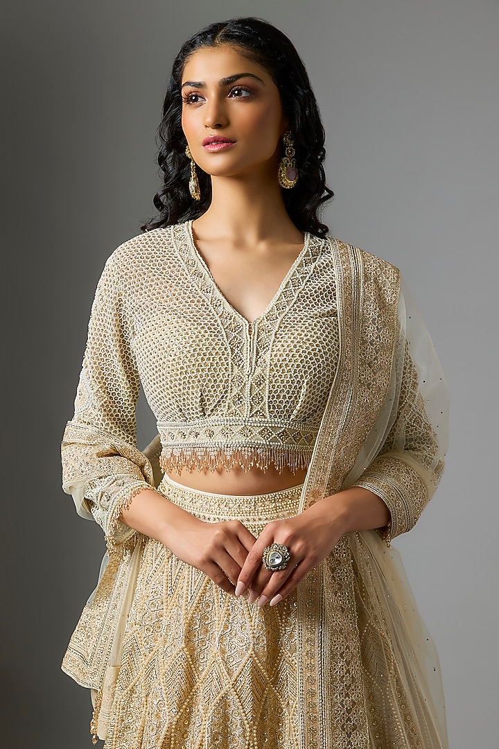 Ivory Tulle Pearl & Sequins Embroidered Flared Bridal Lehenga Set by Tarun Tahiliani at Pernia's Pop Up Shop