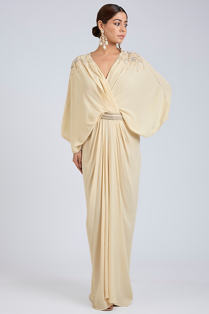 Ivory Georgette Pearl Embroidered Kaftan by Tarun Tahiliani at Pernia's Pop Up Shop