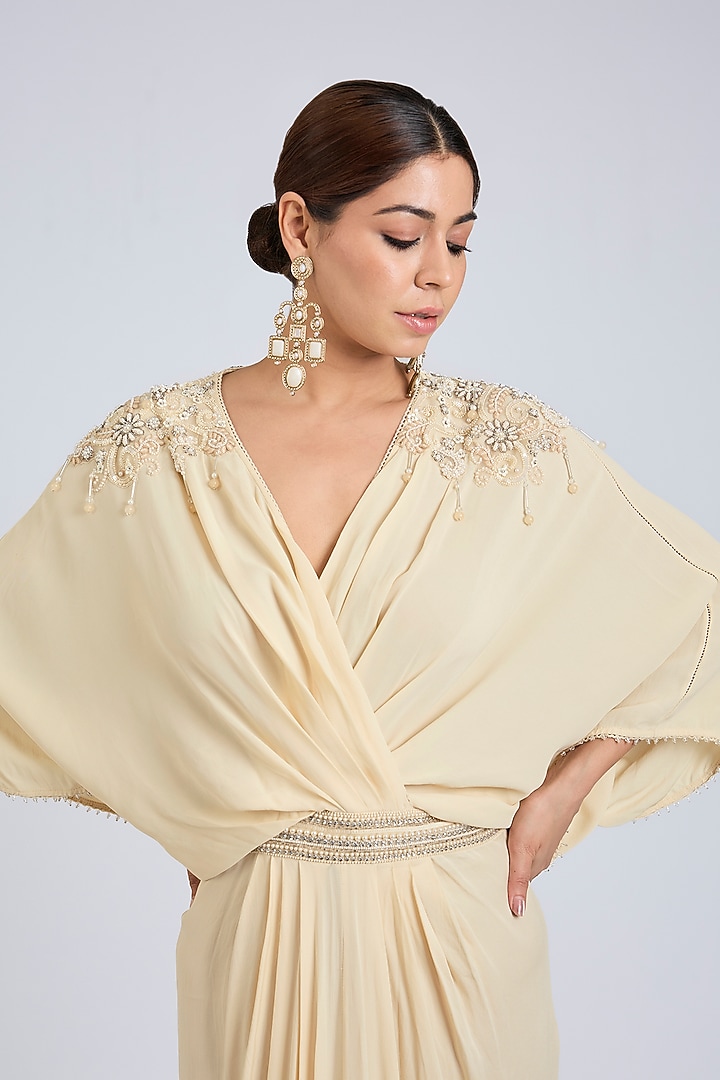 Ivory Georgette Pearl Embroidered Kaftan by Tarun Tahiliani at Pernia's Pop Up Shop