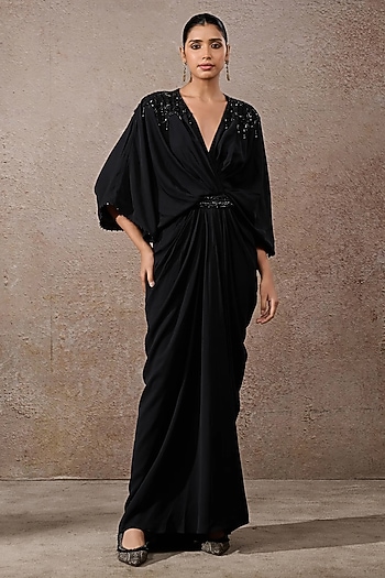 Black Georgette Sequins Embroidered Kaftan by Tarun Tahiliani