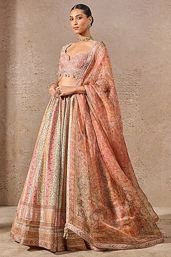 Multi-Colored Chanderi Embroidered & Printed Lehenga Set by Tarun Tahiliani