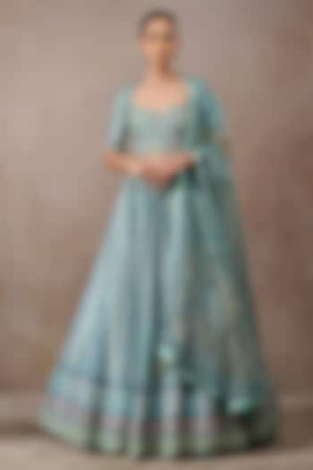 Turquoise Chanderi Embroidered & Printed Bridal Lehenga Set by Tarun Tahiliani at Pernia's Pop Up Shop