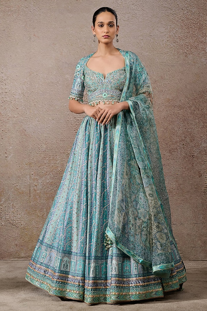 Turquoise Chanderi Embroidered & Printed Bridal Lehenga Set by Tarun Tahiliani at Pernia's Pop Up Shop