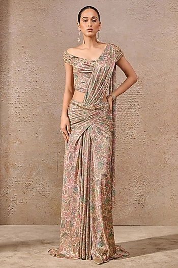 Multi-Colored Foil Jersey Printed Concept Saree Set by Tarun Tahiliani