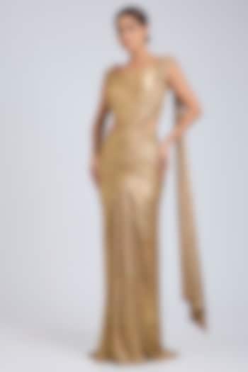 Beige Gold Foil Jersey Printed Concept Reception Saree Set by Tarun Tahiliani at Pernia's Pop Up Shop