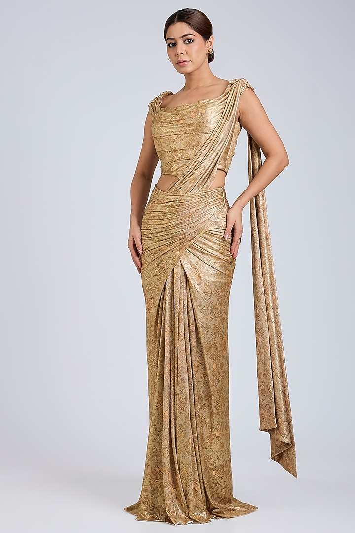 Beige Gold Foil Jersey Printed Concept Reception Saree Set by Tarun Tahiliani at Pernia's Pop Up Shop