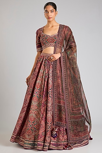 Multi-Colored Chanderi Printed & Embroidered Lehenga Set by Tarun Tahiliani