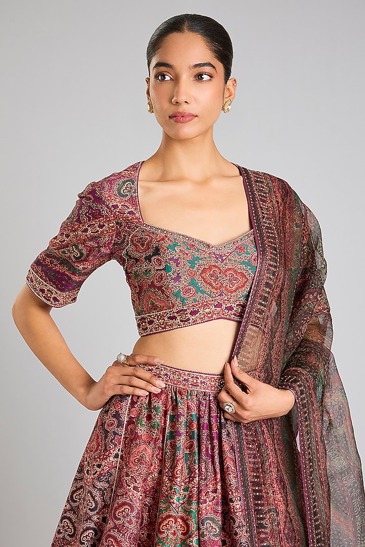 Multi-Colored Chanderi Printed & Embroidered Bridal Lehenga Set by Tarun Tahiliani at Pernia's Pop Up Shop