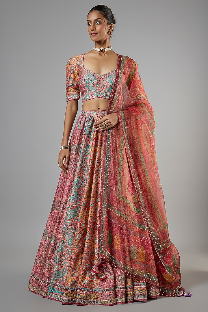 Multi-Colored Chanderi Printed Bridal Lehenga Set by Tarun Tahiliani at Pernia's Pop Up Shop