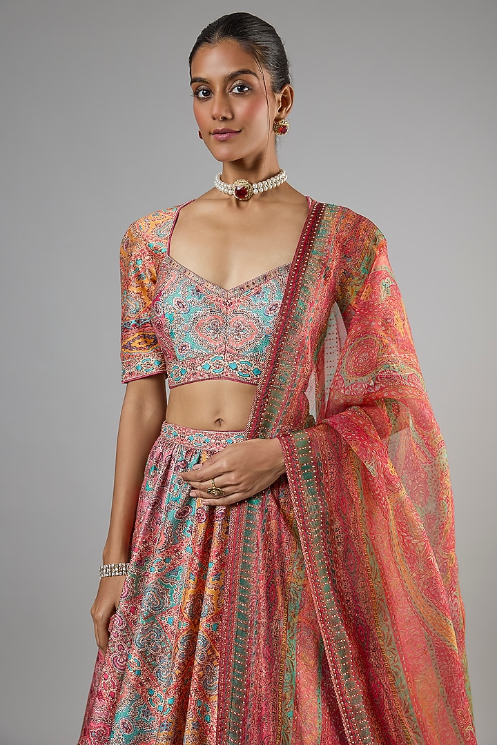 Multi-Colored Chanderi Printed Bridal Lehenga Set by Tarun Tahiliani at Pernia's Pop Up Shop