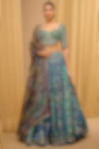 Teal & Multi-Colored Kasab Satin Printed Bridal Lehenga Set by Tarun Tahiliani at Pernia's Pop Up Shop