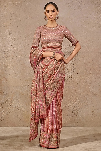 Multi-Colored Tissue Georgette Hand Embroidered Saree Set by Tarun Tahiliani